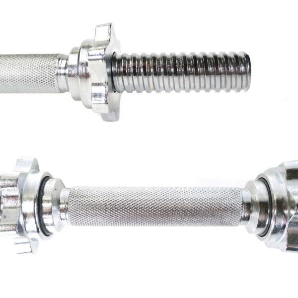 Close-up image of two Standard Dumbbell Handles in silver metal, featuring textured grips and threaded ends, positioned parallel on a white background.
