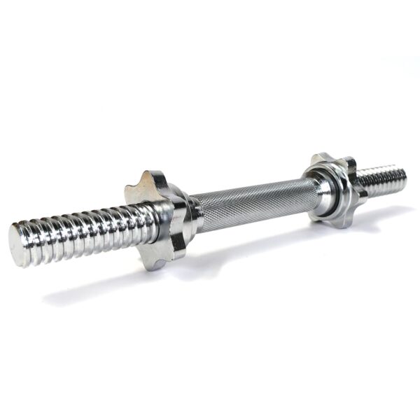 A close-up image shows a Standard Dumbbell Handle with a textured grip, threaded ends, and star-shaped spin-lock collars against a white background, angled diagonally.