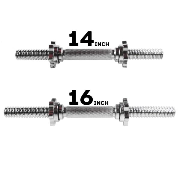 Two Standard Dumbbell Handles are shown on a white background. The top is labeled 14 inch and the bottom 16 inch, both featuring textured grips and adjustable collars for securing weights.