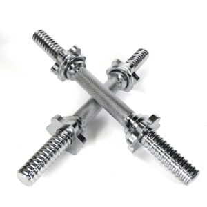 Two Standard Dumbbell Handles crossed on a white background, featuring chrome finish, metal screw threads, and textured grips.