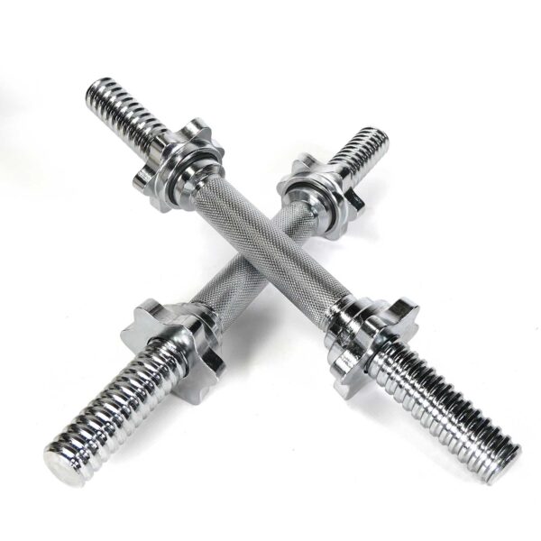 Two Standard Dumbbell Handles crossed on a white background, featuring chrome finish, metal screw threads, and textured grips.