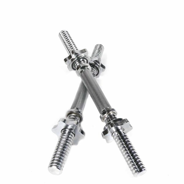 Two Standard Dumbbell Handles cross against a white background, featuring knurled grips and threaded ends with spin-lock collars for securing weights. Their sleek, shiny design highlights strength and durability.