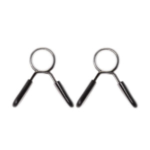 Two Standard Spring Collars 27mm with silver frames and black rubber handles are placed side by side on a white background, designed for securing weight plates during weightlifting.