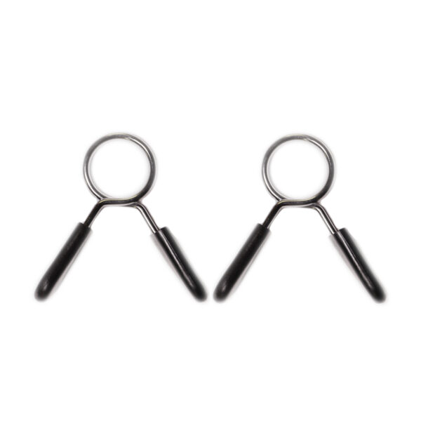 Two Standard Spring Collars 27mm with silver frames and black rubber handles are placed side by side on a white background, designed for securing weight plates during weightlifting.