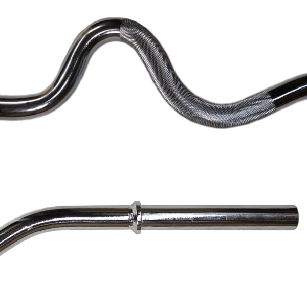 The image showcases a close-up of the Standard Super Curl Bar, highlighting its chrome-plated, wavy design with textured grips and smooth surfaces. It focuses on the knurled handle and the straight section of this weightlifting barbell.