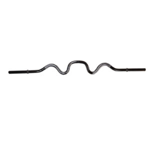 The Standard Super Curl Bar is chrome-plated with a wavy design, shown on a white background. It has angled grips and straight ends for weight plate attachment, ideal for strength training.