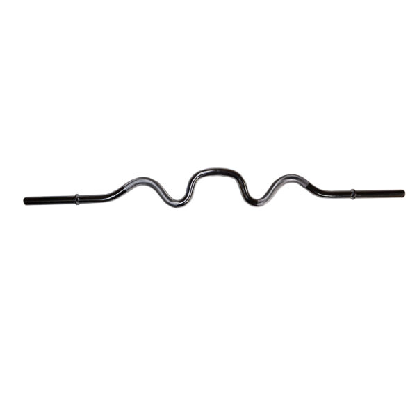 The Standard Super Curl Bar is chrome-plated with a wavy design, shown on a white background. It has angled grips and straight ends for weight plate attachment, ideal for strength training.
