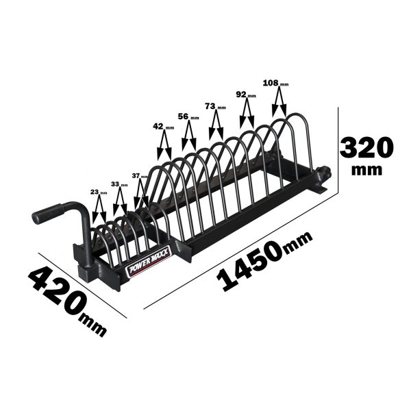 Image featuring the Bumper Weight Plate Toaster Rack, resembling a toaster design. The rack measures 1450mm long, 320mm high, and 420mm wide, with arched compartments for logs ranging from 23mm to 108mm in width.