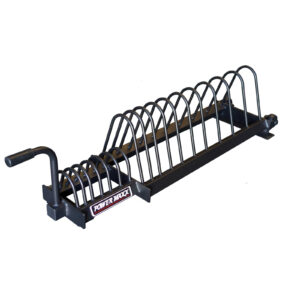 The Bumper Weight Plate Toaster Rack, by Power Klaw, is a sturdy metal tire rack with multiple curved bars for organizing tires. It includes a convenient side handle and features the Power Klaw brand label on the front.