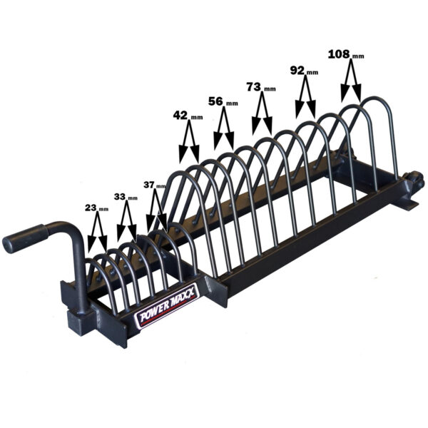 The Bumper Weight Plate Toaster Rack, in black metal, features slots sized from 23mm to 108mm for organizing weightlifting plates. The brand Power Maxx is prominently displayed at its base.