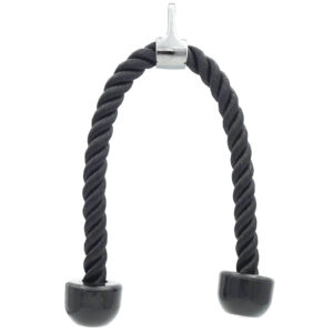 The Tricep Rope Attachment is a black, textured rope with two rubber handles and a metal hook for gym equipment, designed for strength training effectiveness.