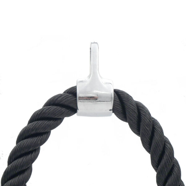 Close-up of a black Tricep Rope Attachment with a shiny silver hook at the top, set against a white background.