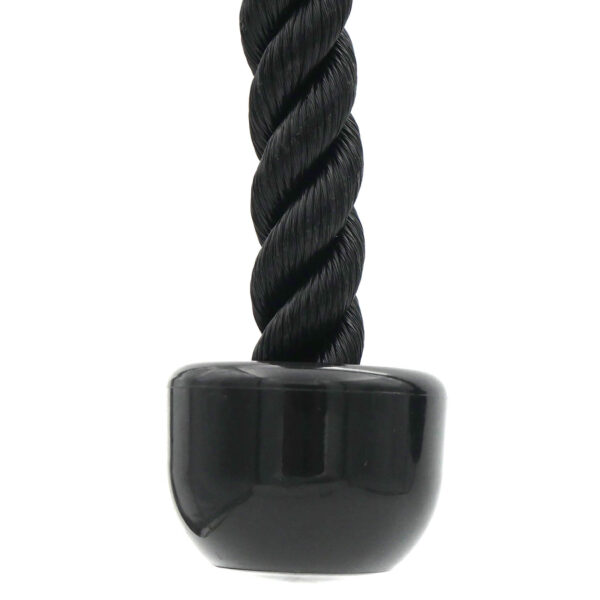 A sturdy black Tricep Rope Attachment with a glossy black end cap features a twisted design, shiny texture, and smooth finish.