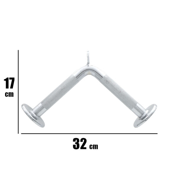 The Tricep V Bar Extension is a metal, V-shaped tricep push-down bar with knurled grips and end plates, measuring 17 cm in height and 32 cm in width.