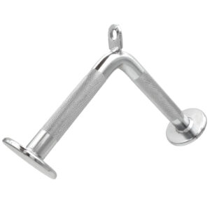 The Tricep V Bar Extension, a chrome V-shaped tricep pushdown cable attachment, features a knurled grip, two circular end caps for secure handling, and a central loop for easy gym equipment attachment.
