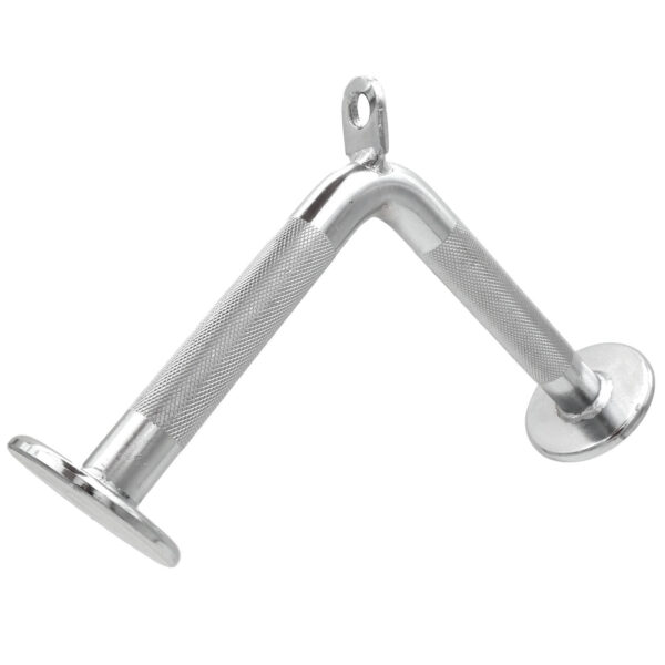 The Tricep V Bar Extension, a chrome V-shaped tricep pushdown cable attachment, features a knurled grip, two circular end caps for secure handling, and a central loop for easy gym equipment attachment.