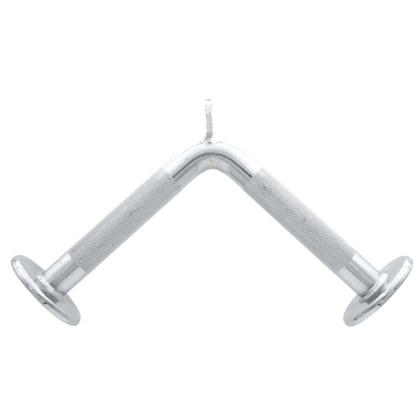 The Tricep V Bar Extension is a V-shaped metal cable attachment with knurled grips and round ends, shown on a white background. Its perfect for weightlifting exercises.