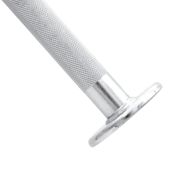 Close-up of the Tricep V Bar Extension with a knurled grip and a round, flat end cap. The silver handle features a textured pattern for better grip and is shown from an angled perspective.