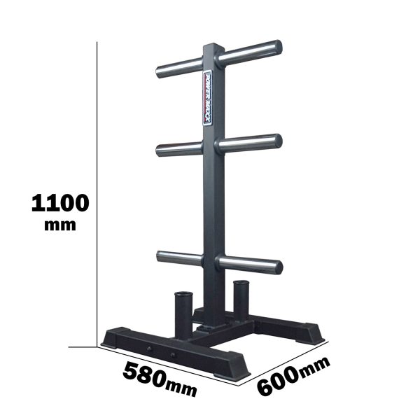 The Power Maxx Olympic Weight Plate Stand is a black metal rack with four horizontal bars, two vertical posts, and a base. It measures 1100 mm in height, 580 mm in width, and 600 mm in depth.