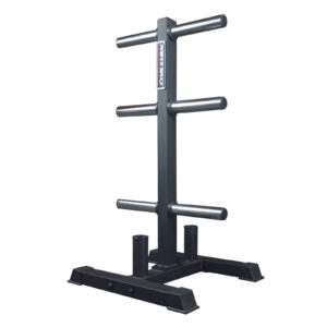 The Power Maxx Olympic Weight Plate Stand is a black metal storage tree with multiple horizontal bars to hold gym weight plates, featuring a sturdy base for stability.