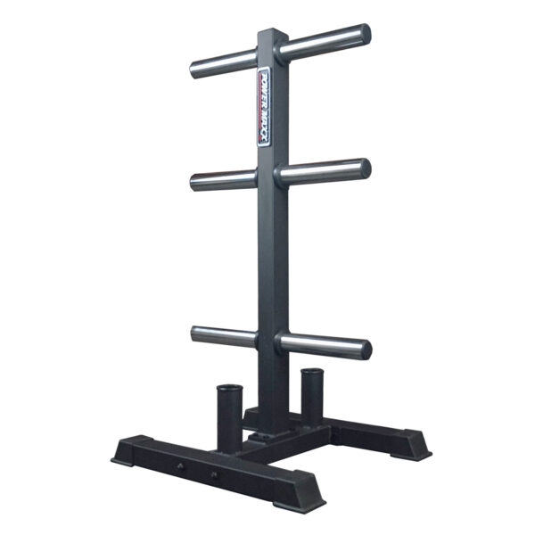 The Power Maxx Olympic Weight Plate Stand is a black metal storage tree with multiple horizontal bars to hold gym weight plates, featuring a sturdy base for stability.