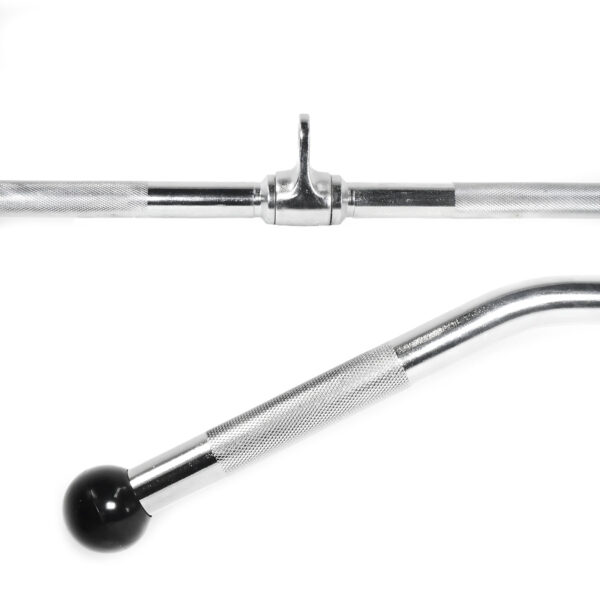 Close-up of metal gym equipment: a straight bar with a central swivel and a curved bar with black rubber ends, both featuring textured grips for secure handling. The background is plain white. Product: Wide Lat Pulldown Bar.