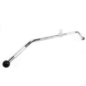 A shiny, metallic wide lat pulldown bar with a black knob on one end, slightly curved. It features a textured grip section and a small loop for attachment near the center.