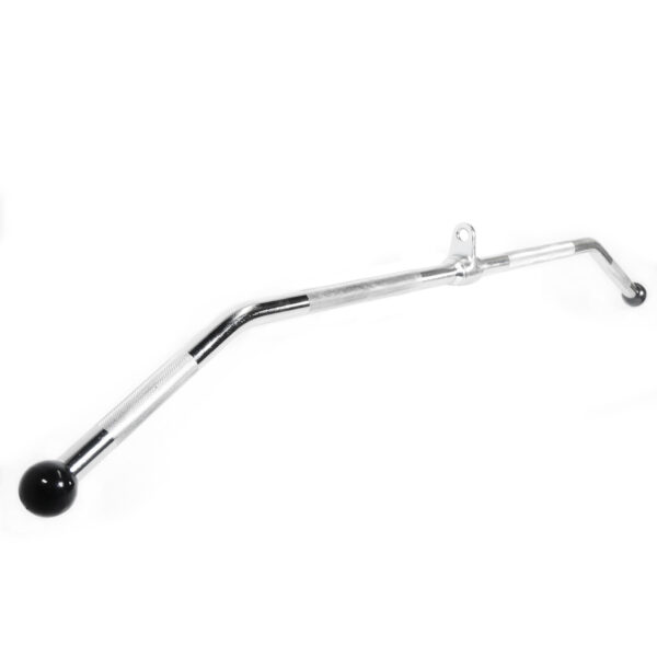 A shiny, metallic wide lat pulldown bar with a black knob on one end, slightly curved. It features a textured grip section and a small loop for attachment near the center.