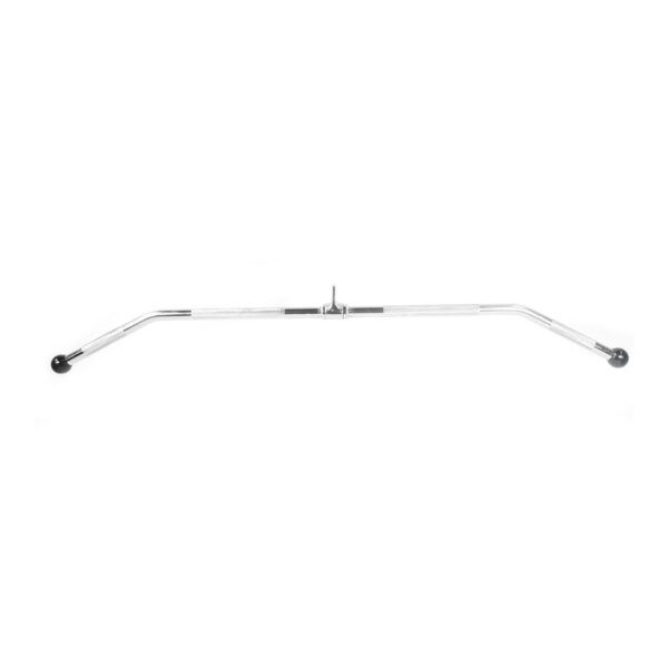 The Wide Lat Pulldown Bar, featuring a chrome finish and rubber grips on both ends, is designed for gym equipment and pictured on a white background. It includes a central attachment point for cable system connectivity.