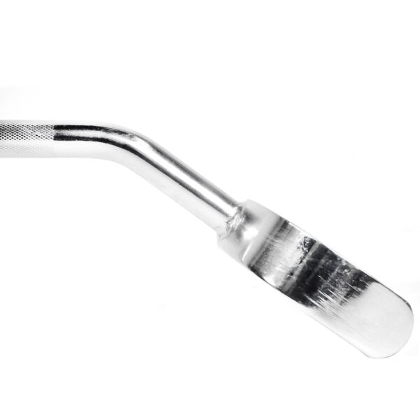 The metallic Wide D Grip Pulldown Bar gleams against a white backdrop, showcasing its curved design and round features. The handle sports a textured grip for comfortable holding.