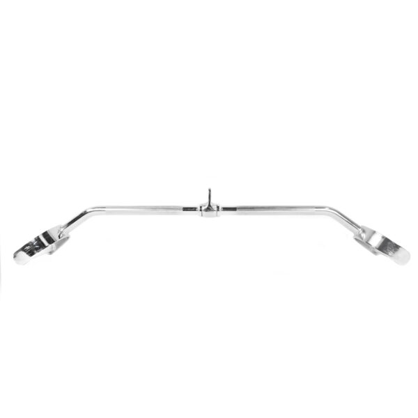 The Wide D Grip Pulldown Bar is a chrome steel lat pulldown bar with angled textured grips on both ends, designed for fitness equipment. It features a center attachment loop for connecting to cable machines.