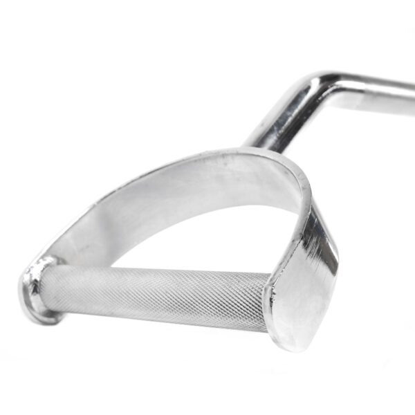 Close-up of a Wide D Grip Pulldown Bar with knurled handle, ideal for weightlifting or gym machines. Its shiny, cylindrical design ensures secure hand placement during exercise routines.
