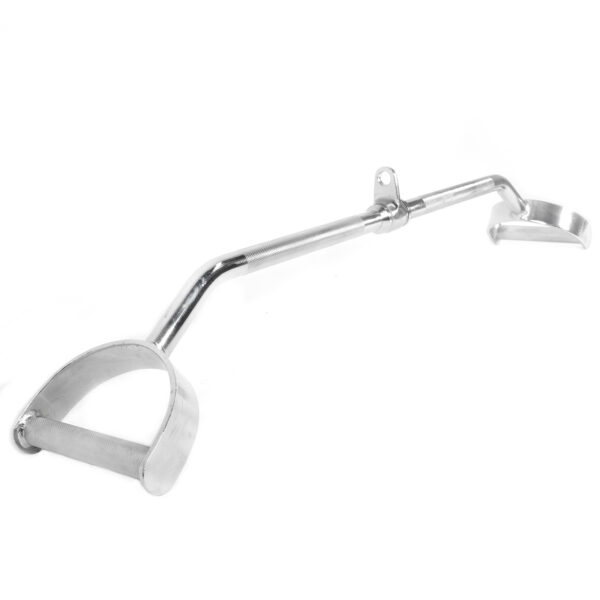 The Wide D Grip Pulldown Bar features a metallic, shiny, curved handlebar with two cylindrical grips on each end, perfect for mechanical or fitness use.