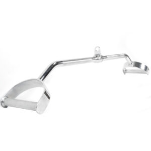 The Wide D Grip Pulldown Bar boasts a sleek chrome finish with two angled handles and a central mounting bracket, reflecting light and offering a minimalistic design ideal for bicycles or similar applications.