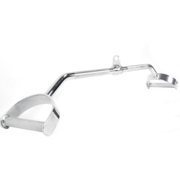 The Wide D Grip Pulldown Bar boasts a sleek chrome finish with two angled handles and a central mounting bracket, reflecting light and offering a minimalistic design ideal for bicycles or similar applications.