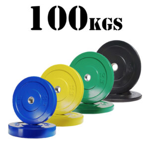 The 100kg Olympic Bumper Plate Package includes weight plates in various colors and kilograms: blue (20 kg), yellow (15 kg), green (10 kg), and black (5 kg).