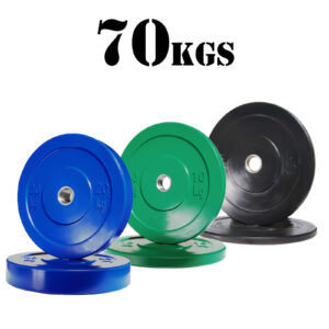 The 70kg Olympic Bumper Plate Package includes four weight plates in blue, green, and black, each designed with a central hole for use with a barbell.