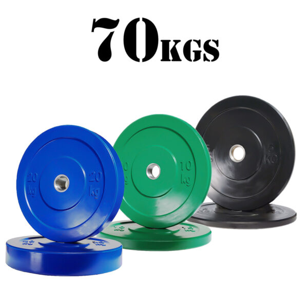 The 70kg Olympic Bumper Plate Package includes four weight plates in blue, green, and black, each designed with a central hole for use with a barbell.