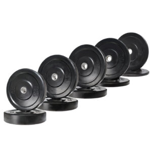 A staggered row of six black Olympic bumper weight plates, each labeled 25 KG, is displayed on a white background.