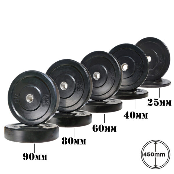 A diagonal arrangement showcases five black Olympic bumper weight plates from a 150kg set, each labeled with thicknesses: 90mm, 80mm, 60mm, 40mm, and 25mm. All have a uniform diameter of 450mm and are marked as weighing 25 KG.