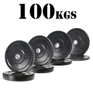 The 100kg Black Bumper Package features weight plates on a white background, each labeled 20 KG, with 100 KGS boldly displayed above.