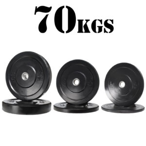 The 70kg Black Bumper Package includes three pairs of black plates: two 20 kg, two 15 kg, and two 10 kg, with central holes for a barbell and 70 KGS displayed above the weights.