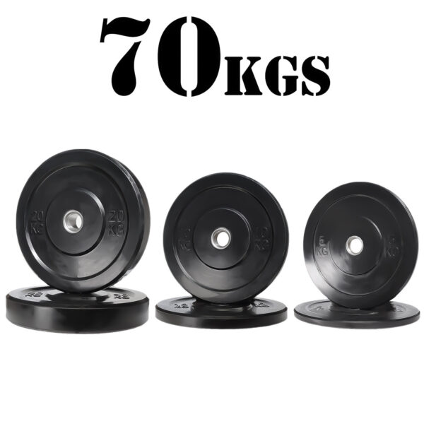 The 70kg Black Bumper Package includes three pairs of black plates: two 20 kg, two 15 kg, and two 10 kg, with central holes for a barbell and 70 KGS displayed above the weights.
