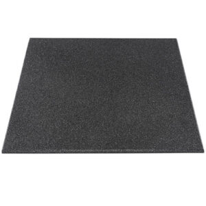 A square, 1m x 1m GymFloor® mat in dark gray rubber with a textured, speckled surface is viewed from above.