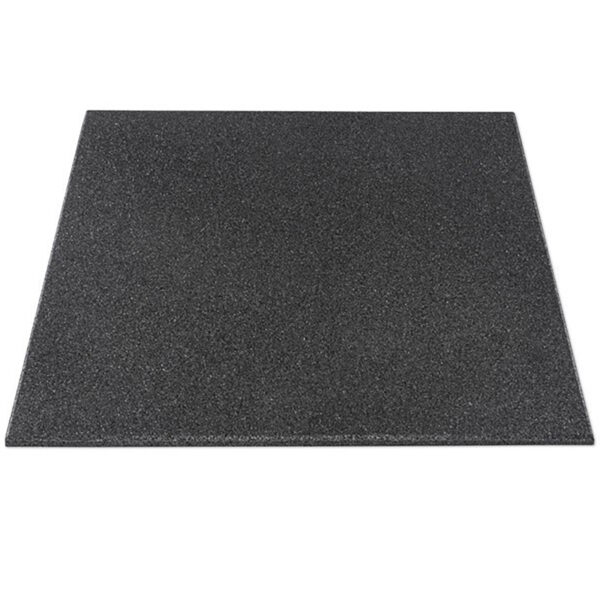A square, 1m x 1m GymFloor® mat in dark gray rubber with a textured, speckled surface is viewed from above.