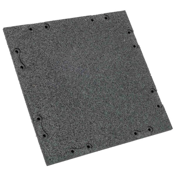 The GymFloor® RTS 50x50@20mm is a square black tile with a textured surface featuring small edge holes for interlocking. Made of rubber or similar material, its perfect for flooring applications.