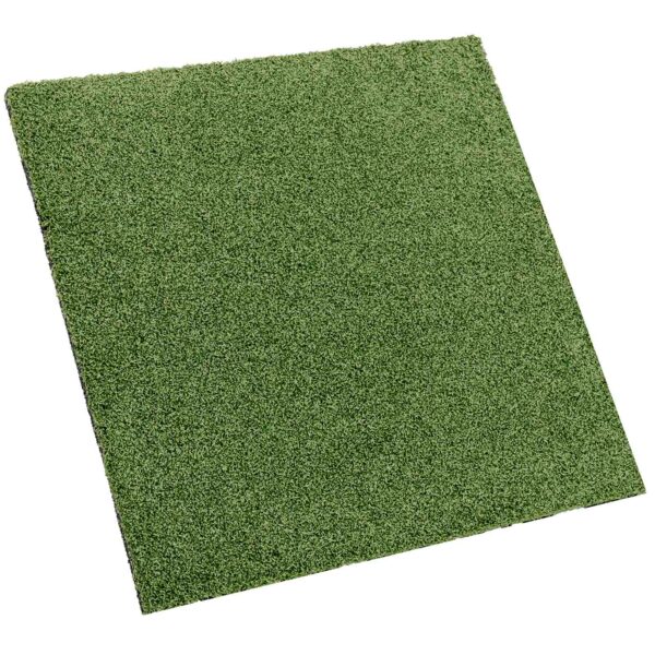 A square piece of GymFloor® RTS Turf 50x50@20mm, seen from a slightly tilted angle, features uniform grass texture and neatly cut edges.
