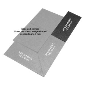 A diagram shows three rectangular panels labeled RTS-20-ECK-R, RTS-20-ECK-L, and RTS-20-RAND, each from the GymFloor® RTS Edge series, measuring 75 x 30 cm with wedge-shaped edges tapering from 20 mm to 3 mm.