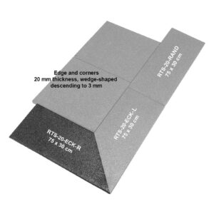 Diagram showing three labeled wedge-shaped tiles: GymFloor® RTS-20-RAND (75 x 30 cm), GymFloor® RTS-20-ECK-L (75 x 30 cm), and GymFloor® RTS Right Corner 75x30@20/3mm, with a thickness of 20 mm at one edge, tapering to 3 mm.