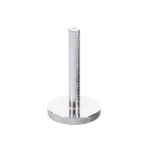 The Add On Kit Kettlebell Screw features a silver, cylindrical threaded rod and a round, flat base with a textured edge. The vertically oriented rod has grooves along its length, set against a plain white background.